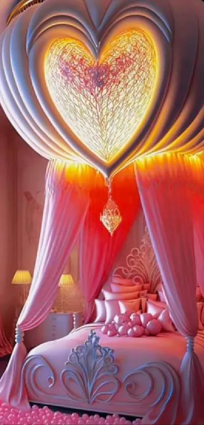 Romantic pink bedroom with heart-shaped canopy and soft lighting.