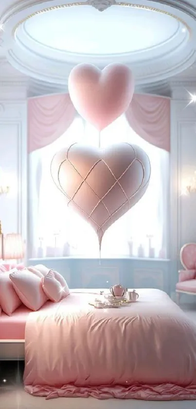 Romantic pink bedroom with heart balloons and elegant decor.