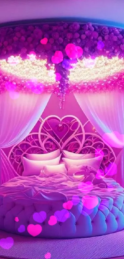 Romantic pink bedroom with a luxurious canopy bed and heart decorations.