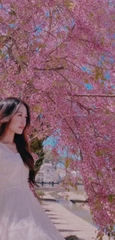 Woman under a pink blossom tree in spring.