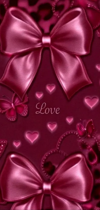 Romantic pink bow and hearts mobile wallpaper.
