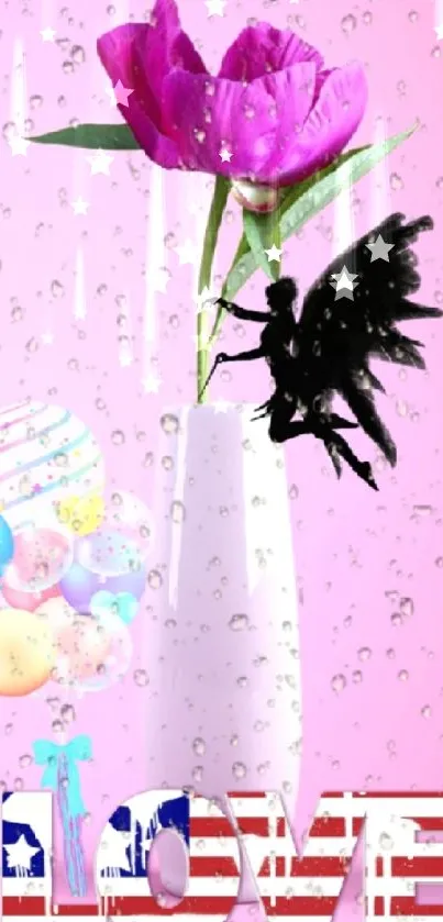 Pink wallpaper with flower and fairy silhouette.