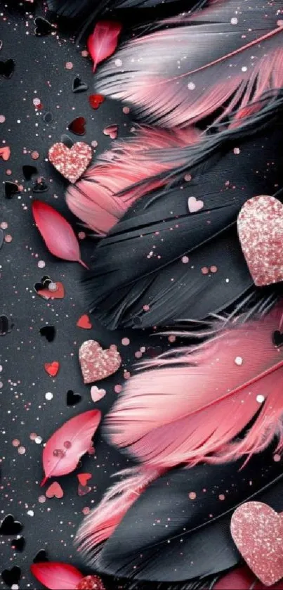 Pink feathers with hearts on black background wallpaper.