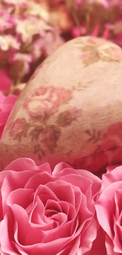 Romantic floral wallpaper with pink roses and a heart-shaped ornament.
