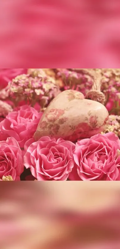 Romantic floral wallpaper with pink roses and a decorative heart.