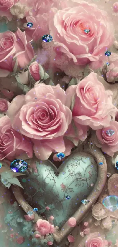 Pink roses with heart design wallpaper.