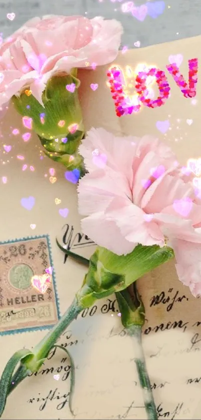 Romantic pink carnation wallpaper with heart accents and vintage letters.