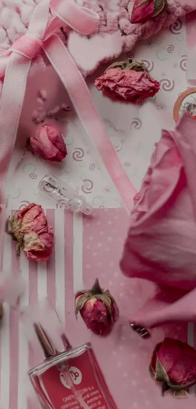Pink floral wallpaper with elegant roses and romantic decor.