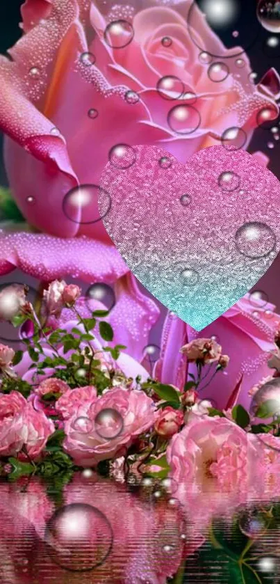 Romantic pink floral wallpaper with heart and water droplets.