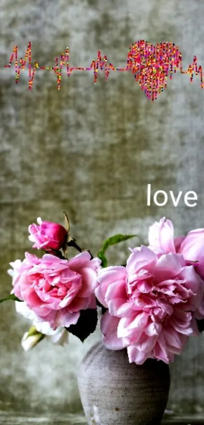 Pink peonies in a vase with a heart motif and 'love' text on mobile wallpaper.