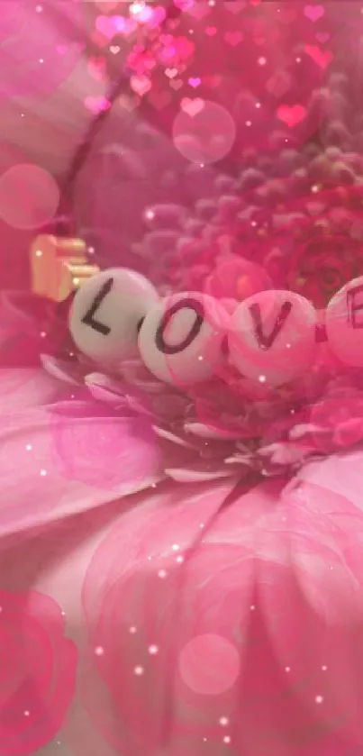 Romantic pink flower with 'LOVE' letters displayed in the center.