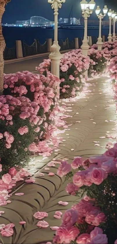 Romantic pathway decorated with pink roses and elegant lighting.