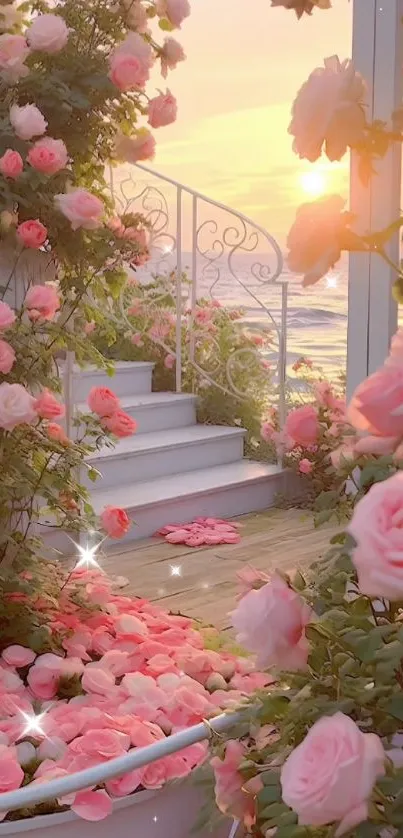 Enchanting garden with pink roses at sunset, creating a serene and romantic ambiance.