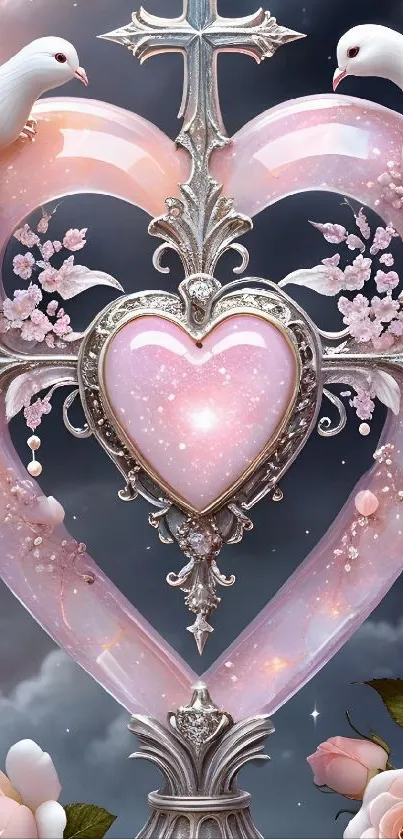 Romantic pink heart with doves and floral accents mobile wallpaper.