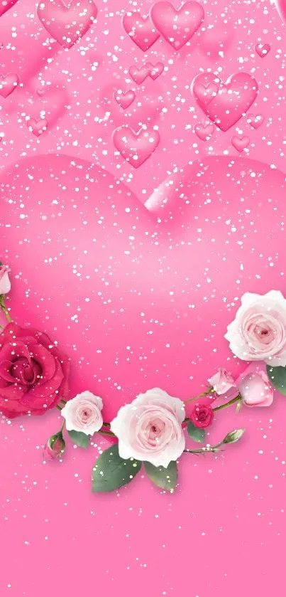 Pink heart wallpaper with roses and hearts design.