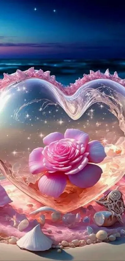 Romantic pink heart and flower on beach in mobile wallpaper.