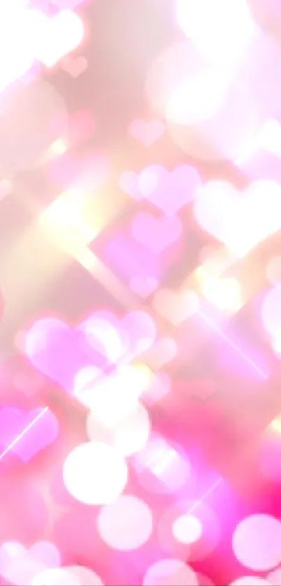 Romantic pink heart bokeh mobile wallpaper.