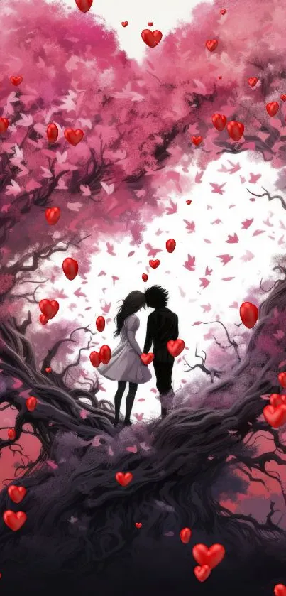 Silhouetted couple in heart-shaped pink tree canopy with floating hearts.