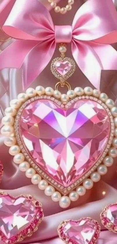Romantic pink heart wallpaper with pearls and ribbon.