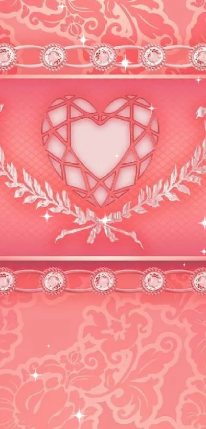 Romantic pink heart wallpaper with floral design.