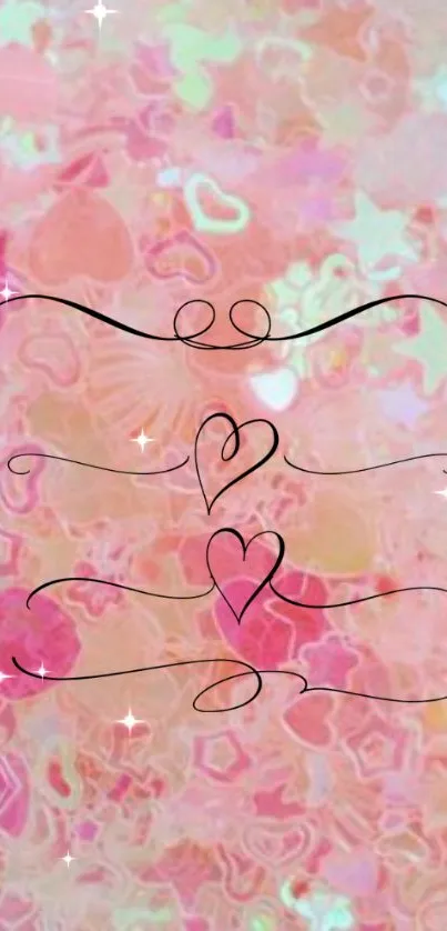 Romantic pink heart wallpaper with intricate patterns and sparkles