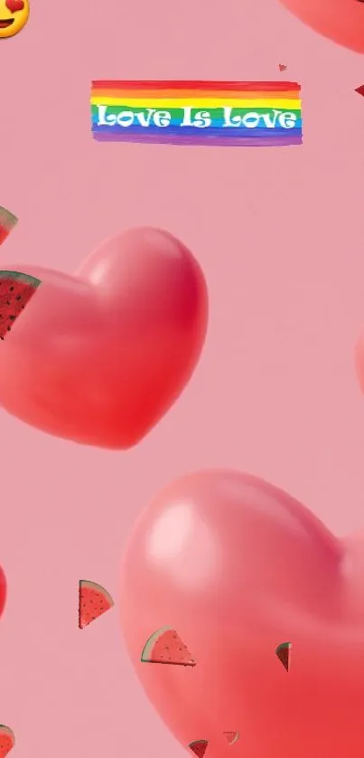Romantic pink background with 3D hearts and love symbol.