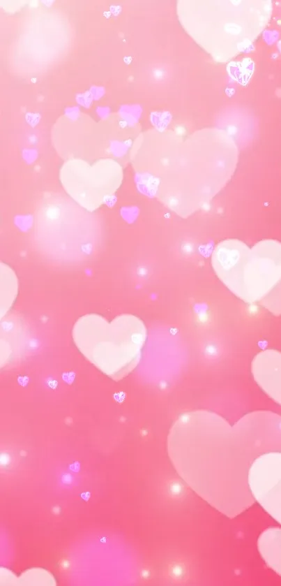 Romantic pink hearts with glowing sparkles on a soft pink background.