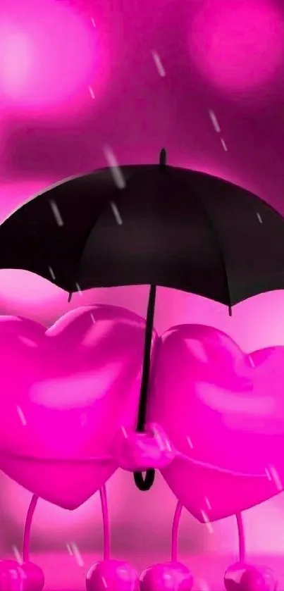 Two pink hearts under a black umbrella on a hot pink background.