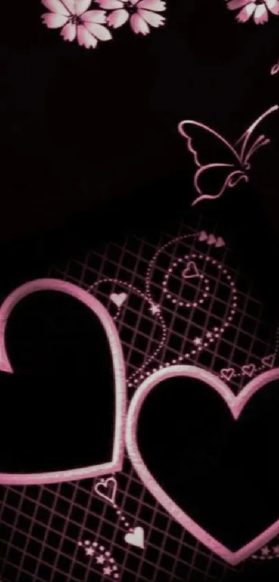 Romantic pink heart design with floral and butterfly accents on a dark background.