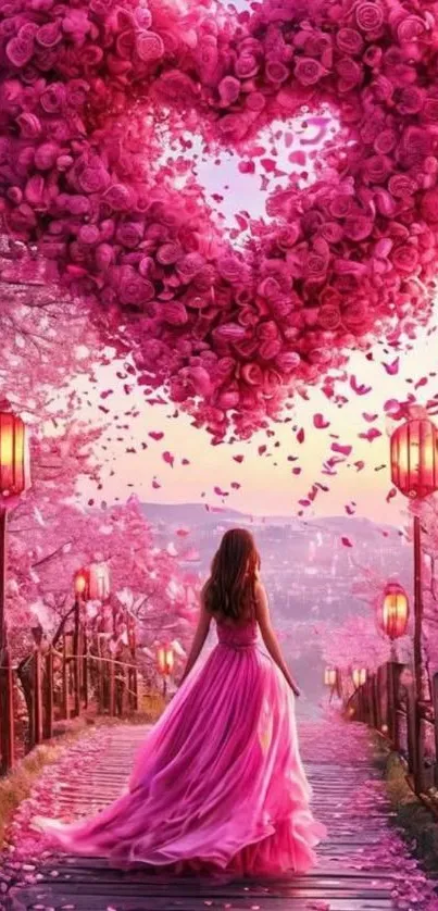 Romantic pink heart wallpaper with flowers and lanterns.
