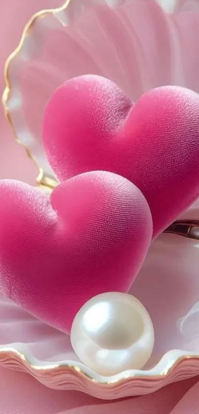 Pink hearts inside a shell with a pearl.