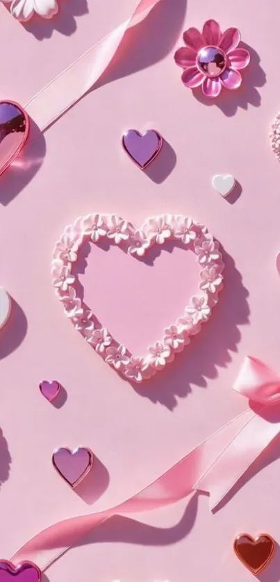 Aesthetic wallpaper with pink hearts and ribbons.