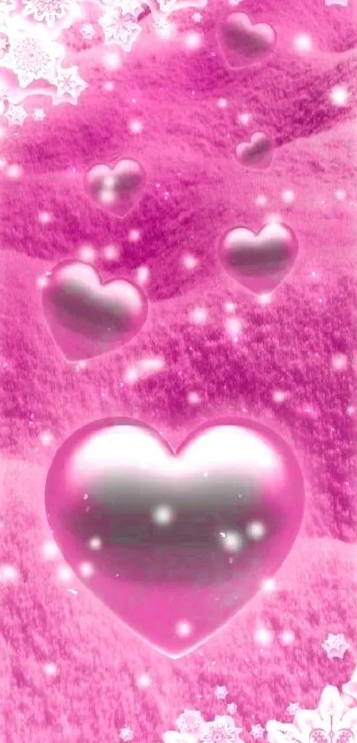 Pink wallpaper with hearts and snowflakes.