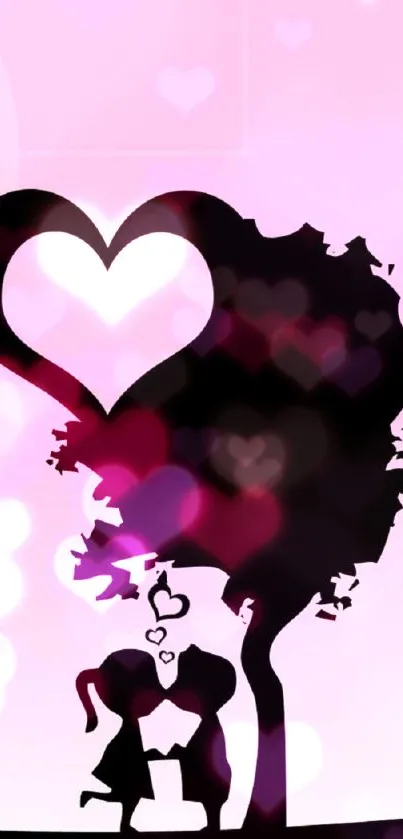 Silhouette of couple under a tree with hearts on a pink background.