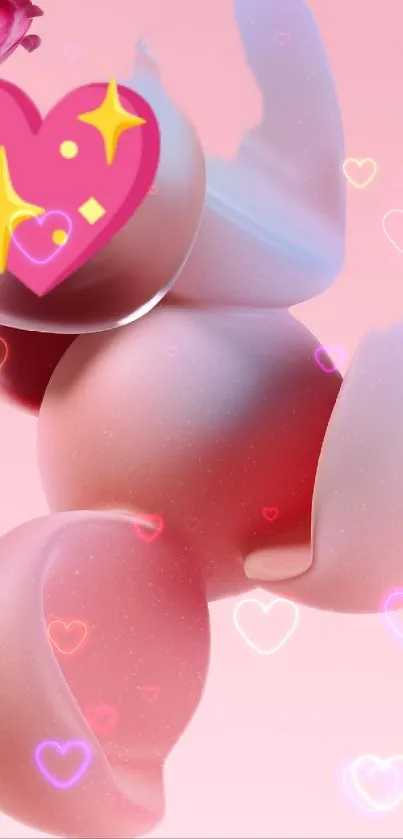 Pink 3D character with heart motifs on a mobile wallpaper.