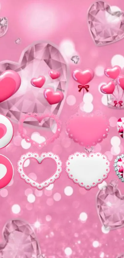 Romantic pink hearts and diamond pattern wallpaper.