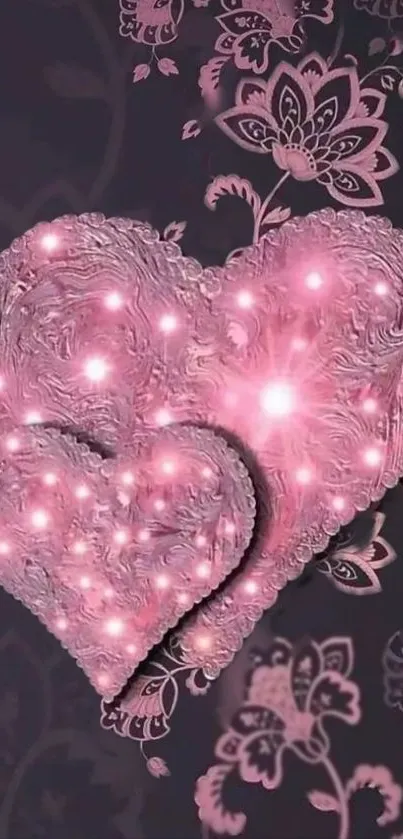 Romantic pink heart wallpaper with glowing effects and floral patterns.