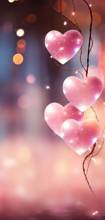 Romantic wallpaper with pink glowing hearts and bokeh lights.