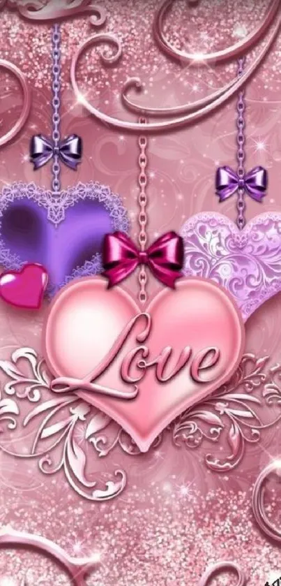 Pink and purple heart-themed wallpaper with 'Love' inscription.