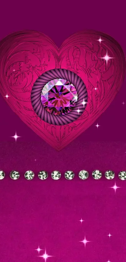 Pink heart with jewel and diamond accents on a magenta background.