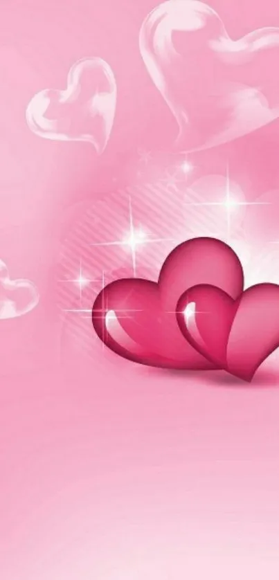 Romantic mobile wallpaper with glossy pink hearts and a soft pink backdrop.