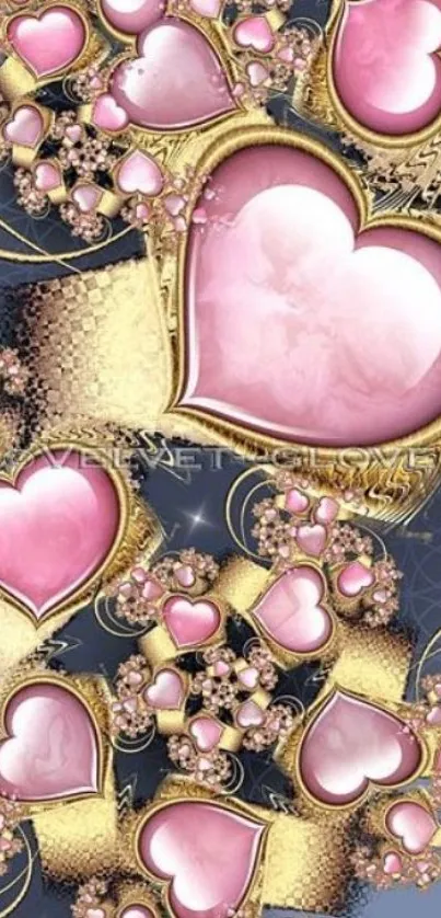 Romantic wallpaper with pink hearts and gold accents.