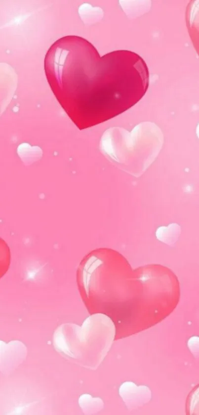 Pink wallpaper with floating hearts.