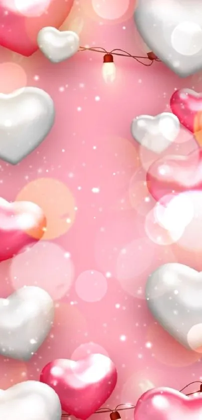 Pink heart wallpaper with lights and glowing effects.