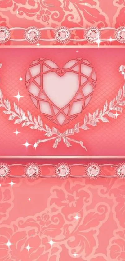 Pink wallpaper with a geometric heart design and floral patterns.