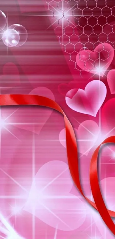 Romantic pink heart wallpaper with red ribbon detail.