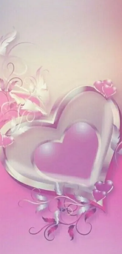 Romantic pink heart wallpaper with floral accents on a gradient background.