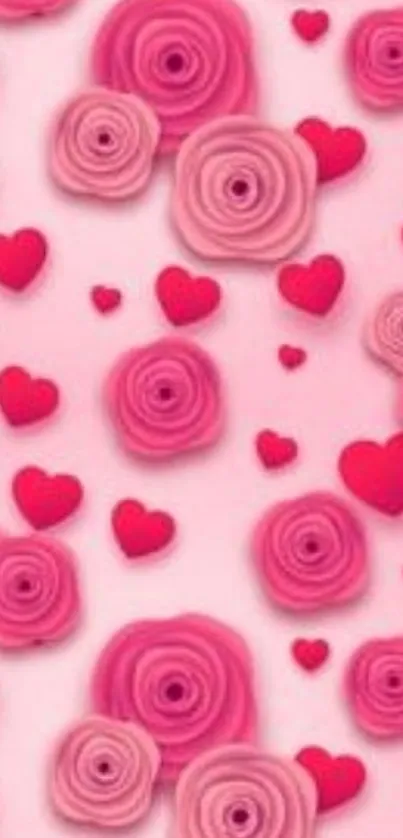 Romantic pink wallpaper with hearts and roses, perfect for mobile screens.