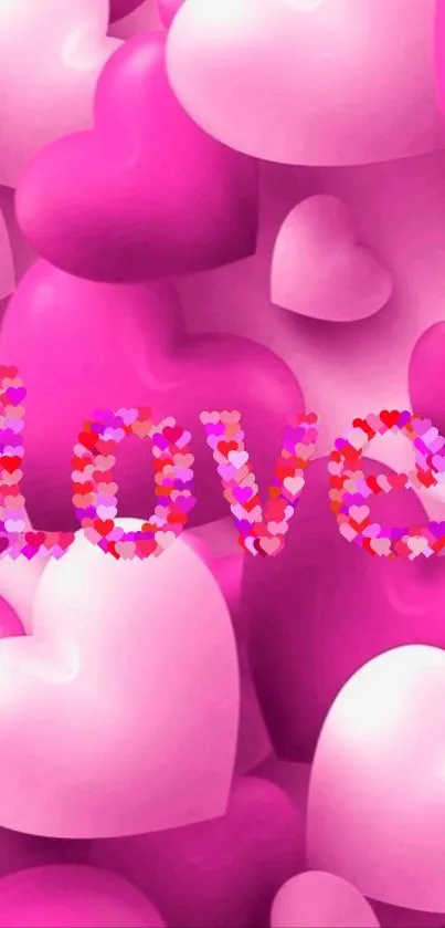 Pink hearts and 'Love' text wallpaper for mobile.