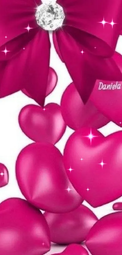 Romantic pink hearts wallpaper with a bow design